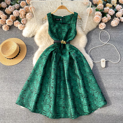 Γυναικείο φόρεμα δικαστηρίου με φλοράλ εμπριμέ τετράγωνο γιακά αμάνικο Γυναικείο Vestidos De Mujer Φόρεμα μακριά με ζώνη Dropship