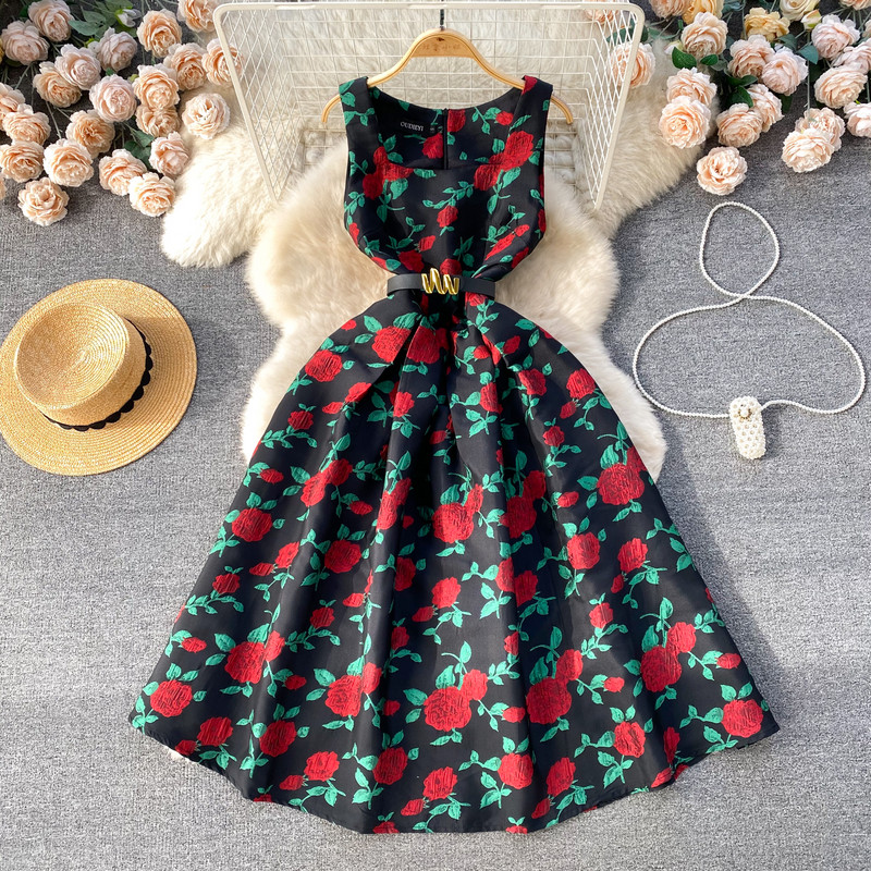 Γυναικείο φόρεμα δικαστηρίου με φλοράλ εμπριμέ τετράγωνο γιακά αμάνικο Γυναικείο Vestidos De Mujer Φόρεμα μακριά με ζώνη Dropship