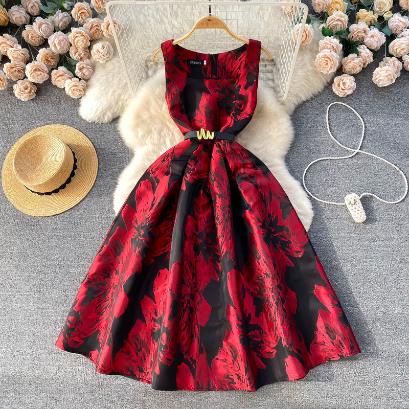 Γυναικείο φόρεμα δικαστηρίου με φλοράλ εμπριμέ τετράγωνο γιακά αμάνικο Γυναικείο Vestidos De Mujer Φόρεμα μακριά με ζώνη Dropship