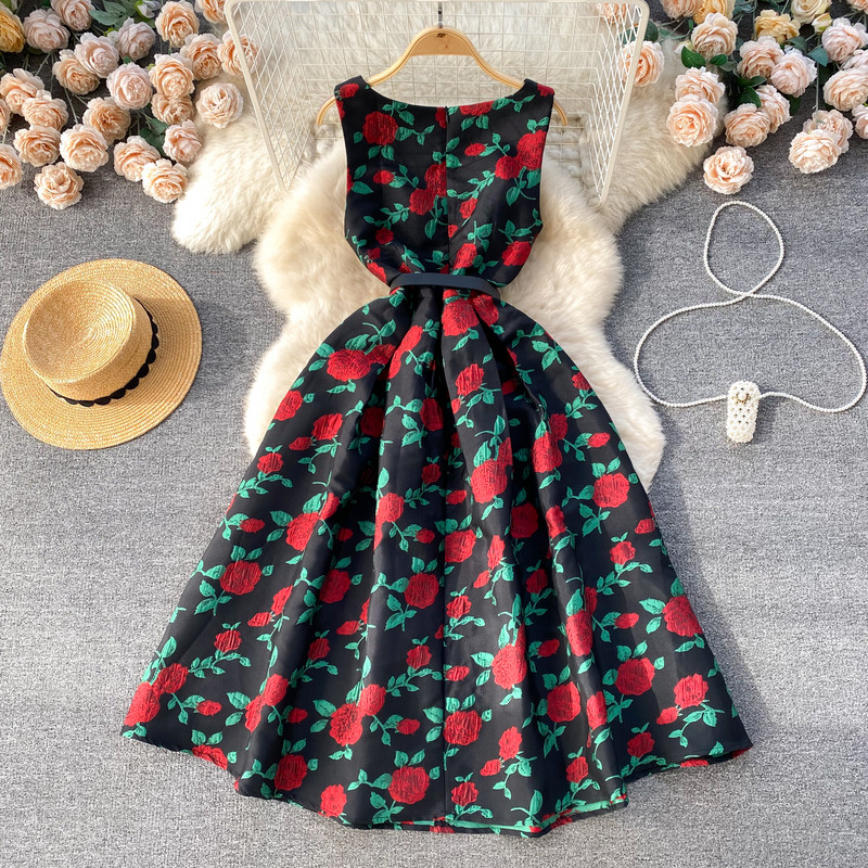 Γυναικείο φόρεμα δικαστηρίου με φλοράλ εμπριμέ τετράγωνο γιακά αμάνικο Γυναικείο Vestidos De Mujer Φόρεμα μακριά με ζώνη Dropship