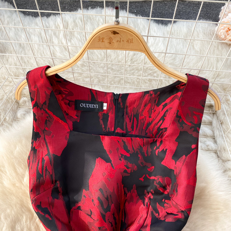 Γυναικείο φόρεμα δικαστηρίου με φλοράλ εμπριμέ τετράγωνο γιακά αμάνικο Γυναικείο Vestidos De Mujer Φόρεμα μακριά με ζώνη Dropship