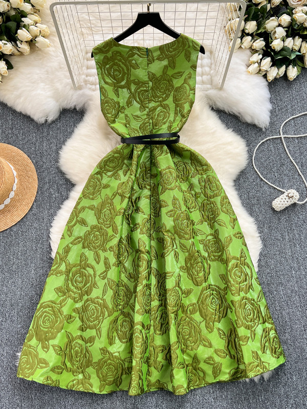 FTLZZ Summer Women Elegantne O-kaelusega varrukateta lillemustriga kleit Daami vabaaja A-kujuline Midi kleit vööga