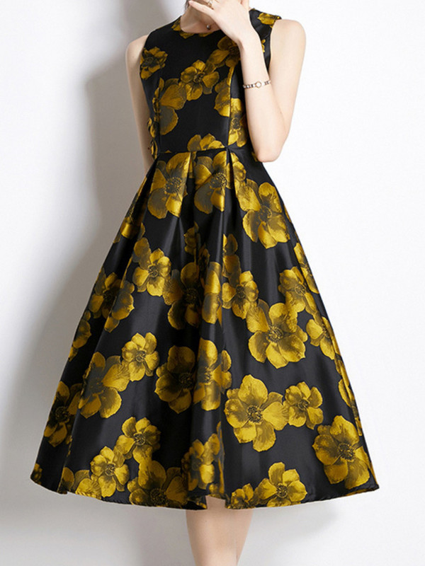 Rochii midi, fără mâneci, jacquard, elegante, de lux, pentru femei, retro, franceză, cu talie înaltă, rochie lungă, vara 2024