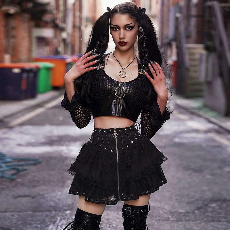 Fusta punk vintage cu talie înaltă pentru femei, cu fermoar în față, în stil japonez, Kawaii, negru, Harajuku, gotic, patinator, cosplay, fuste mini