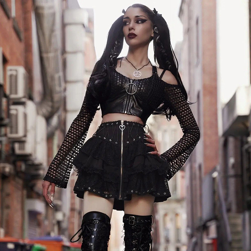 Fusta punk vintage cu talie înaltă pentru femei, cu fermoar în față, în stil japonez, Kawaii, negru, Harajuku, gotic, patinator, cosplay, fuste mini