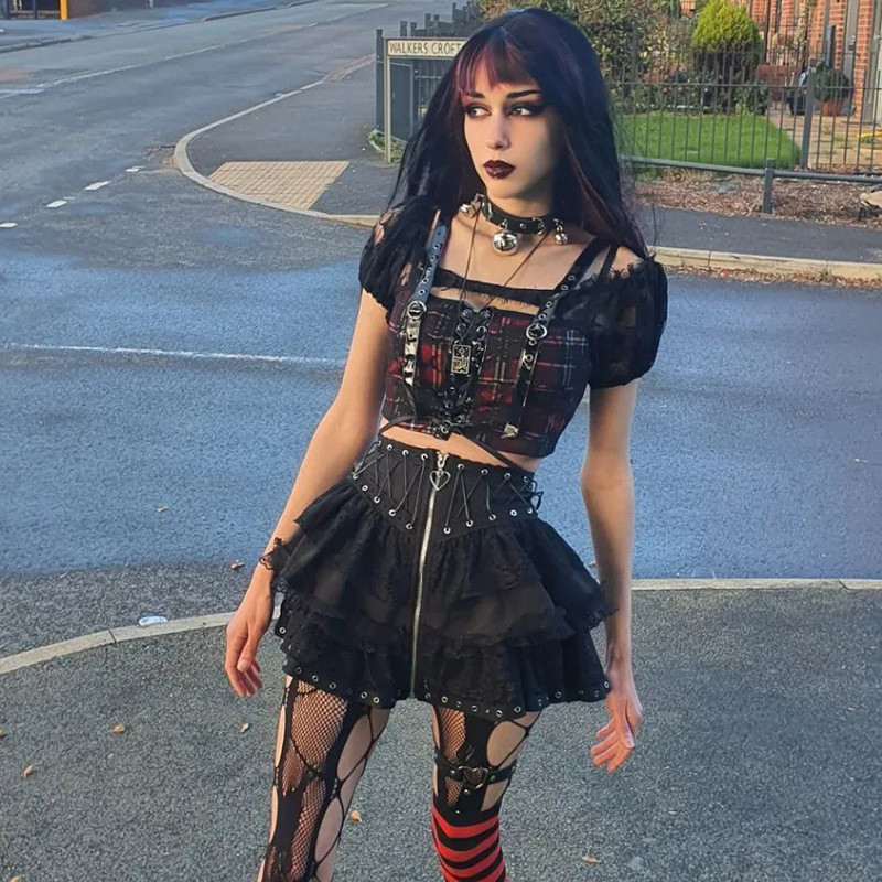 Fusta punk vintage cu talie înaltă pentru femei, cu fermoar în față, în stil japonez, Kawaii, negru, Harajuku, gotic, patinator, cosplay, fuste mini