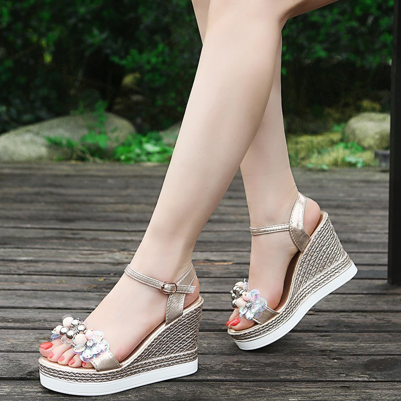 Γυναικεία καλοκαιρινά πέδιλα με σφήνα τακούνι Πλατφόρμα Σανδάλια λουράκι Ανοιχτό χοντρό πάτο casual παπούτσια 2022 χρυσά ασημί ροζ σανδάλια 10cm