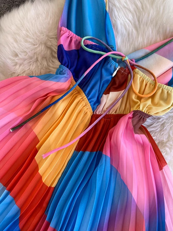 Лятна ваканционна рокля с бонбони Rainbow Дамска презрамка за спагети V-образно деколте без гръб Шифон Плажна ваканционна плисирана роба Vestidos