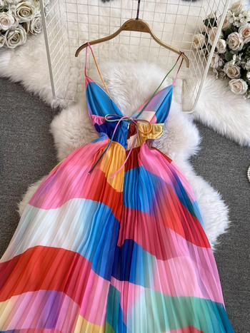 Лятна ваканционна рокля с бонбони Rainbow Дамска презрамка за спагети V-образно деколте без гръб Шифон Плажна ваканционна плисирана роба Vestidos