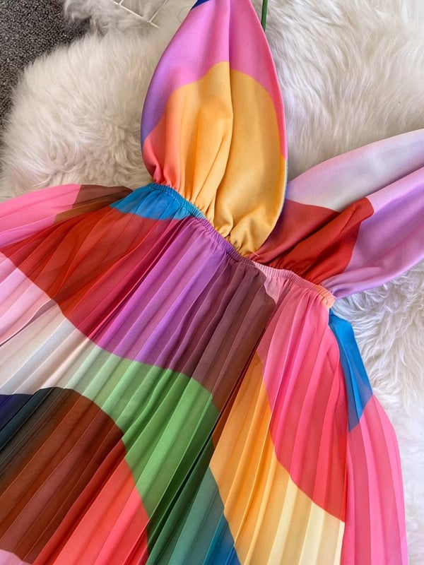 Suvepuhkuse vikerkaare kommipaela kleit naiste spagetirihmaga V kaelaga seljata šifoonist rannapuhkuse plisseeritud hommikumantel Vestidos