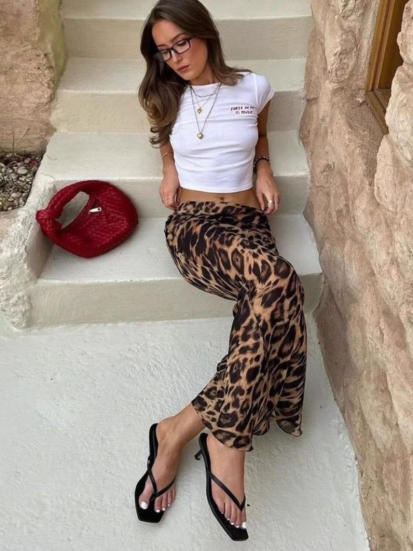 HOUZHOU Seksi dugačka suknja s uzorkom leoparda, ženska elegantna vintage suknja s omotom na bokovima, sirena suknja visokog struka, uska suknja do poda, životinja