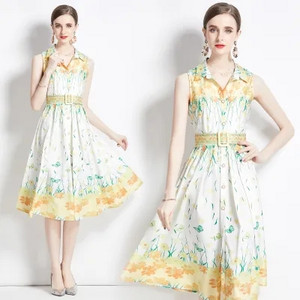 Ljetna haljina košulja s pistom za pistu 2023., ženska plava i bijela midi haljina bez rukava s urezanim ovratnikom od porculana s printom na vezanje i pojasom