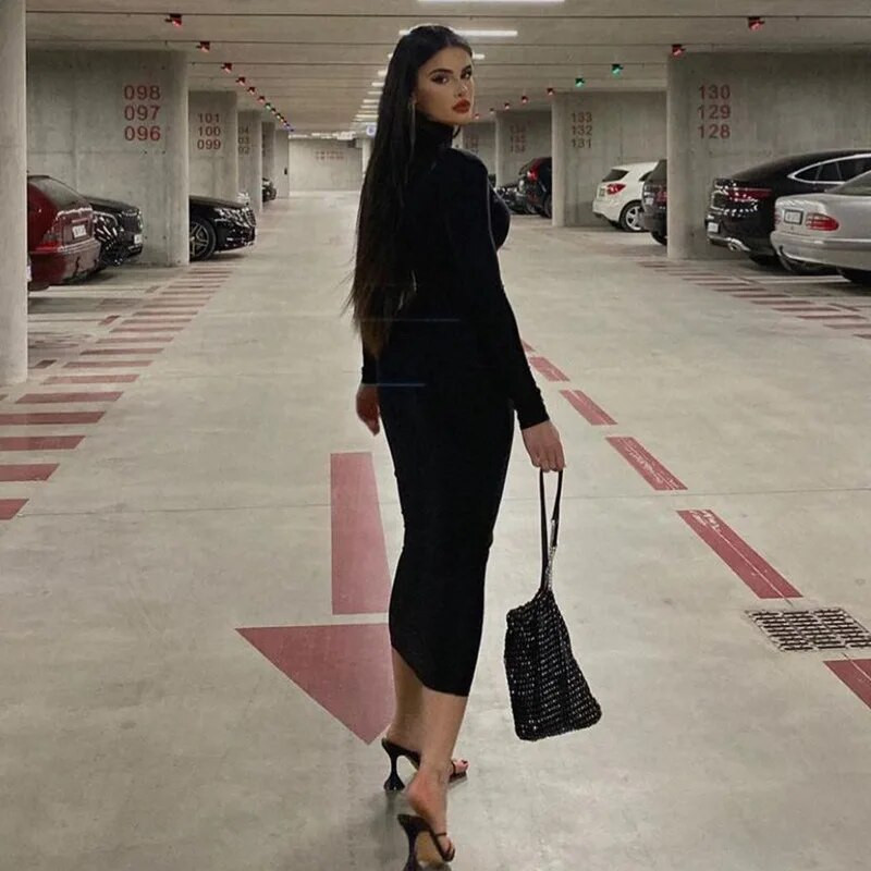 Hawthaw női 2024 tavaszi őszi divat hosszú ujjú utcai viselet Bodycon fekete midi ruha nagykereskedelmi cikkek üzleti célokra