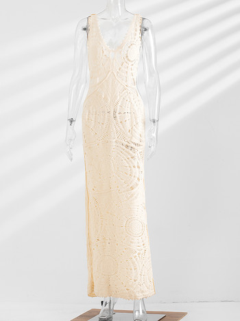 Плетена женска рокля 2023 г. с V-образно деколте без ръкави, издълбани плажни ваканционни рокли Дамски летни елегантни модни дълги vestidos