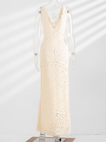 Плетена женска рокля 2023 г. с V-образно деколте без ръкави, издълбани плажни ваканционни рокли Дамски летни елегантни модни дълги vestidos