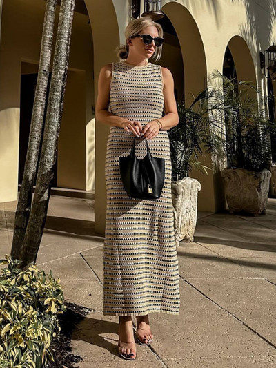 Pletena heklana ženska haljina 2023 V izrez bez rukava izdubljene haljine za plažu Ženske ljetne elegantne modne duge haljine