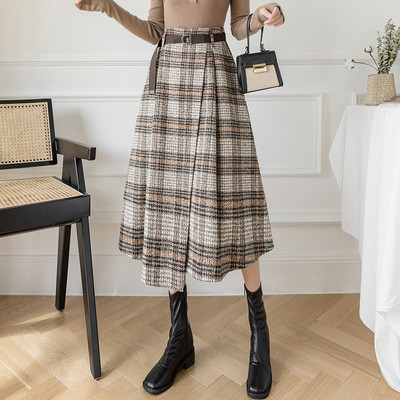 Neophil uus talvine paksu ruuduline villane vöö asümmeetrilised seelikud naiste kõrge vöökohaga Sarong Inglismaa stiilis ruuduline midi seelik S21821