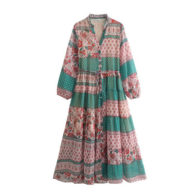 Taop&Za 2024 Άνοιξη Νέο προϊόν Γυναικεία μόδα Casual Φαρδύ φόρεμα με λαιμόκοψη V με μακρυμάνικο εμπριμέ flare