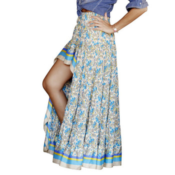 Бохемска асиметрична рокля Дамска лятна плажна флорална щампа Стилна висока талия Етнически висок нисък подгъв Дълга пола Ins Fashion