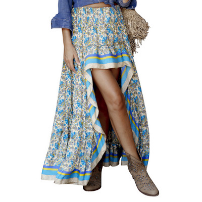 Μποέμ ασύμμετρο γυναικείο φόρεμα Καλοκαιρινή φλοράλ στάμπα στην παραλία Κομψή έθνικ ψηλή μέση, ψηλό χαμηλό στρίφωμα, μακριά φούστα με μόδα