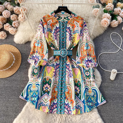 Paisley suknelė moterims, vintažinio spausdinimo stovas apykakle ilgomis žibintuvinėmis rankovėmis, viengubiu diržu Bohemiška mini suknelė Vestidos