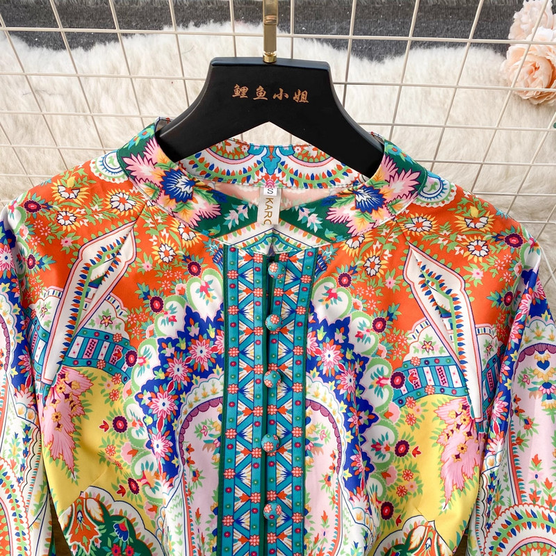 Rochie Paisley pentru femei cu imprimeu vintage cu guler stand lung cu mânecă lanternă cu centură la un singur piept rochie mini boemă Rochii