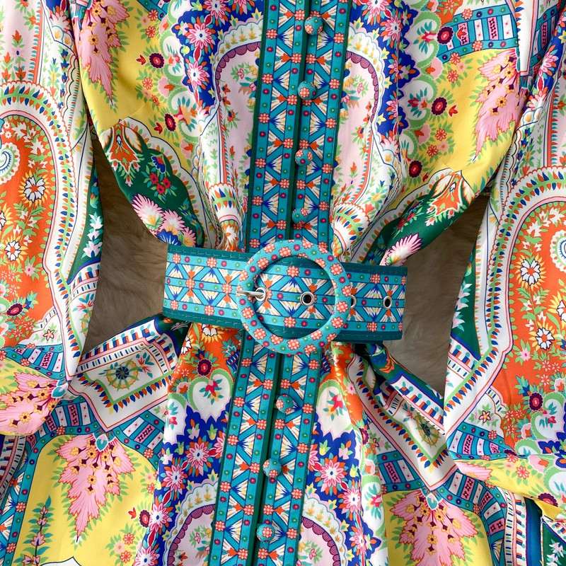 Rochie Paisley pentru femei cu imprimeu vintage cu guler stand lung cu mânecă lanternă cu centură la un singur piept rochie mini boemă Rochii