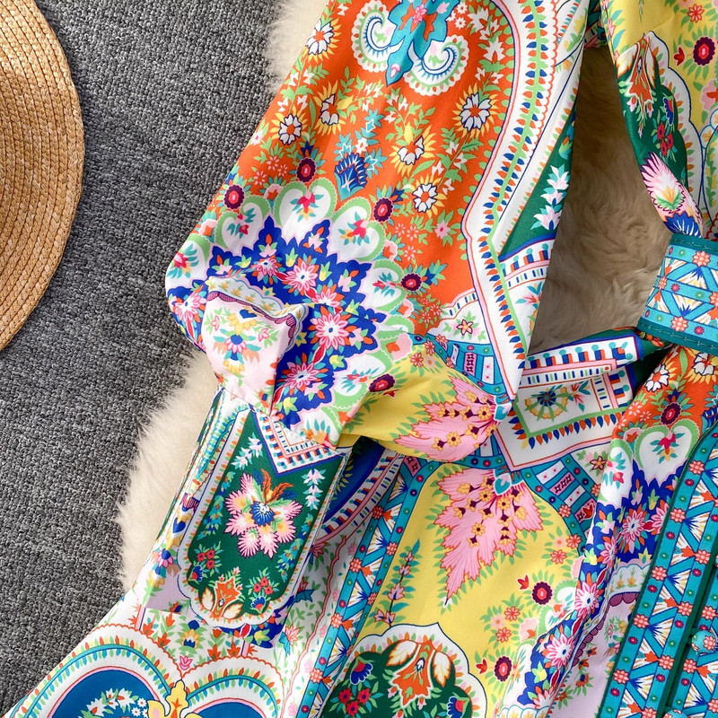 Rochie Paisley pentru femei cu imprimeu vintage cu guler stand lung cu mânecă lanternă cu centură la un singur piept rochie mini boemă Rochii