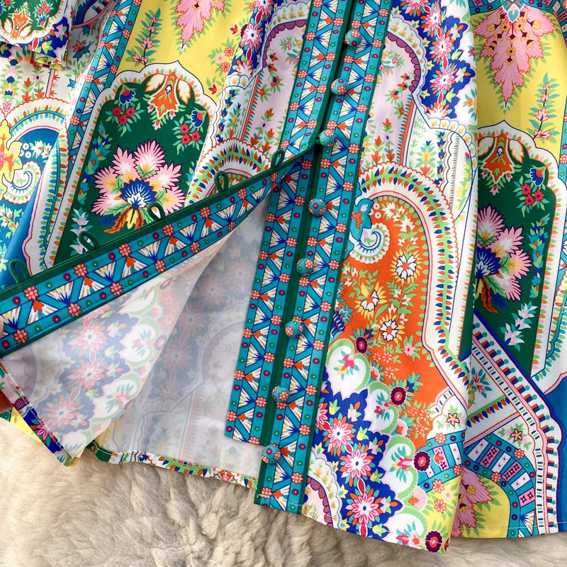 Rochie Paisley pentru femei cu imprimeu vintage cu guler stand lung cu mânecă lanternă cu centură la un singur piept rochie mini boemă Rochii