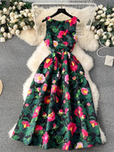 2024. aasta suvemood, lilleline vest, midikleit, naiste varrukateta, O-kaelaga, lilleprintiga õhuke pallikleit, žakaarvärvi Vestidos