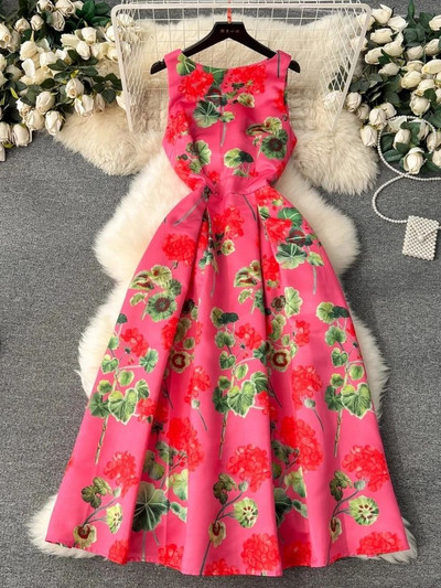 2024. aasta suvemood, lilleline vest, midikleit, naiste varrukateta, O-kaelaga, lilleprintiga õhuke pallikleit, žakaarvärvi Vestidos