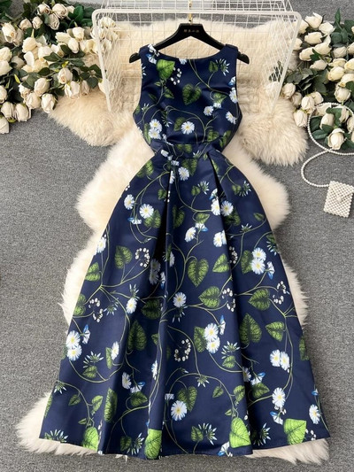 2024. aasta suvemood, lilleline vest, midikleit, naiste varrukateta, O-kaelaga, lilleprintiga õhuke pallikleit, žakaarvärvi Vestidos