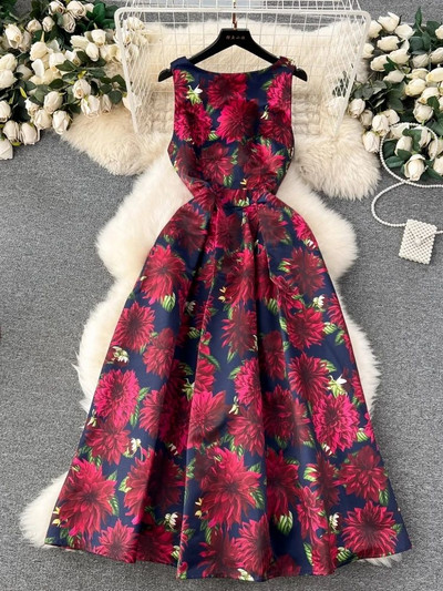 2024. aasta suvemood, lilleline vest, midikleit, naiste varrukateta, O-kaelaga, lilleprintiga õhuke pallikleit, žakaarvärvi Vestidos