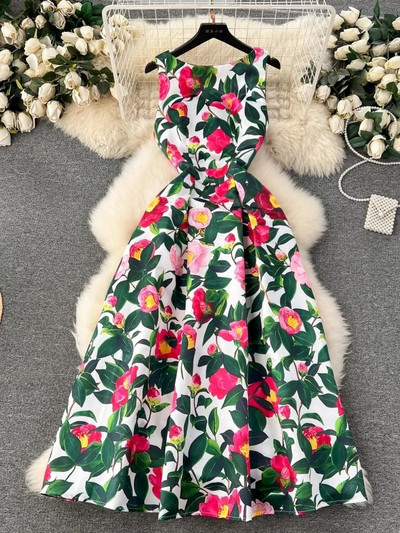 2024. aasta suvemood, lilleline vest, midikleit, naiste varrukateta, O-kaelaga, lilleprintiga õhuke pallikleit, žakaarvärvi Vestidos