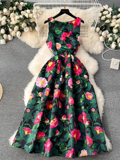 2024. aasta suvemood, lilleline vest, midikleit, naiste varrukateta, O-kaelaga, lilleprintiga õhuke pallikleit, žakaarvärvi Vestidos