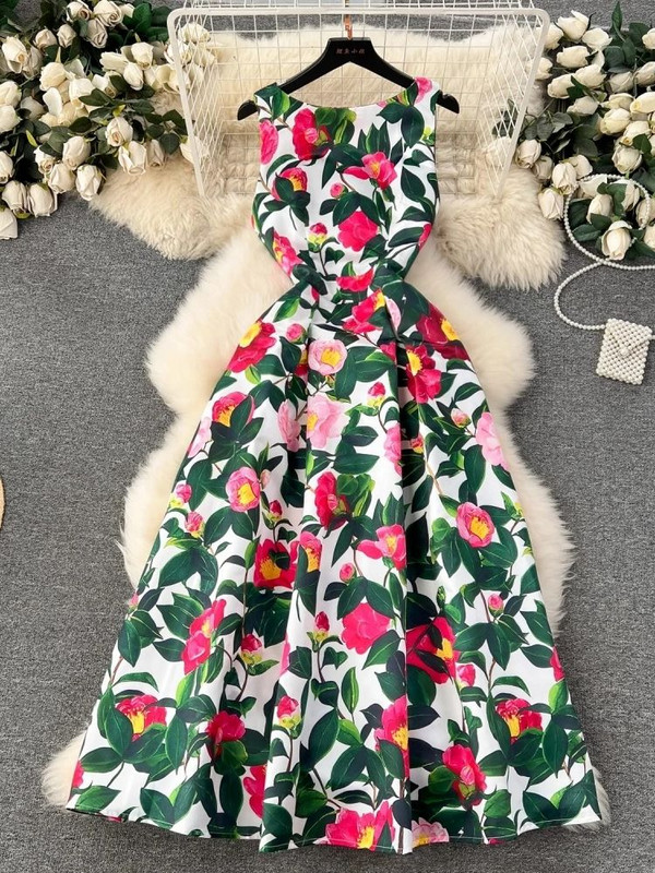 2024. aasta suvemood, lilleline vest, midikleit, naiste varrukateta, O-kaelaga, lilleprintiga õhuke pallikleit, žakaarvärvi Vestidos