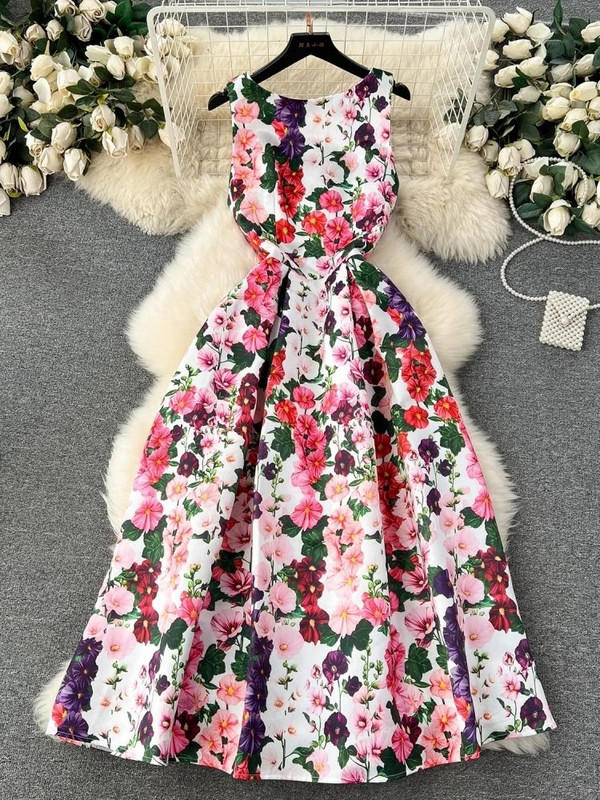 2024. aasta suvemood, lilleline vest, midikleit, naiste varrukateta, O-kaelaga, lilleprintiga õhuke pallikleit, žakaarvärvi Vestidos