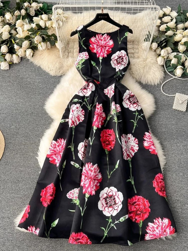 2024. aasta suvemood, lilleline vest, midikleit, naiste varrukateta, O-kaelaga, lilleprintiga õhuke pallikleit, žakaarvärvi Vestidos