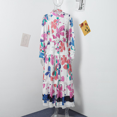 Dantela imprimata cu talie Rochie de dama cu maneca lunga cu decolteu in V Rochii largi cu nasturi 2024 moda primavara vara halat de doamna pentru navetiști