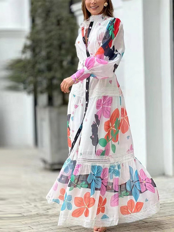 Dantela imprimata cu talie Rochie de dama cu maneca lunga cu decolteu in V Rochii largi cu nasturi 2024 moda primavara vara halat de doamna pentru navetiști