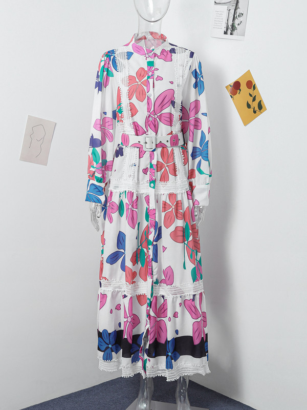 Dantela imprimata cu talie Rochie de dama cu maneca lunga cu decolteu in V Rochii largi cu nasturi 2024 moda primavara vara halat de doamna pentru navetiști