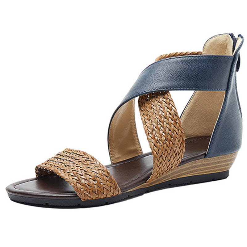 Kalasuudmega nahast platvorm Naiste sandaalid kiilukontsaga naiste kingad Suures suuruses tõmblukuga vabaaja rannasandaalid Rooma kingad