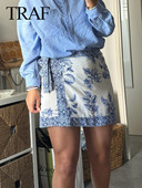 TRAF 2024 pentru femei, la noua moda, ocazional cu siret, cu fundita, decoratiune cu imprimeu albastru, mini fusta pentru femei, stil vintage de plaja, fuste subtiri cu talie inalta