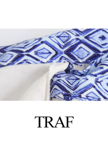 TRAF 2024 Дамска нова модна ежедневна дантелена декорация с панделка със син принт Мини пола Дамски ретро тънки поли в плажен стил с висока талия