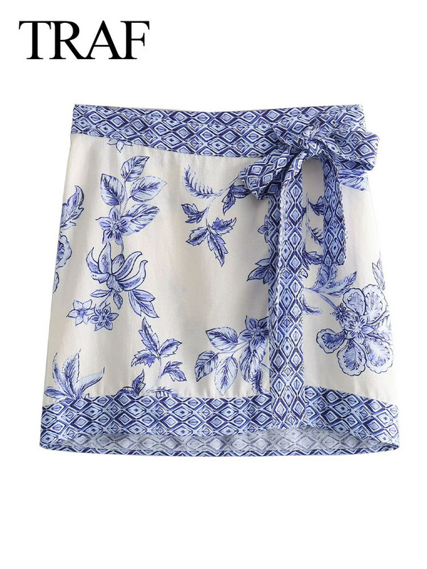 TRAF 2024 pentru femei, la noua moda, ocazional cu siret, cu fundita, decoratiune cu imprimeu albastru, mini fusta pentru femei, stil vintage de plaja, fuste subtiri cu talie inalta