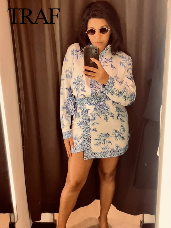 TRAF 2024 pentru femei, la noua moda, ocazional cu siret, cu fundita, decoratiune cu imprimeu albastru, mini fusta pentru femei, stil vintage de plaja, fuste subtiri cu talie inalta