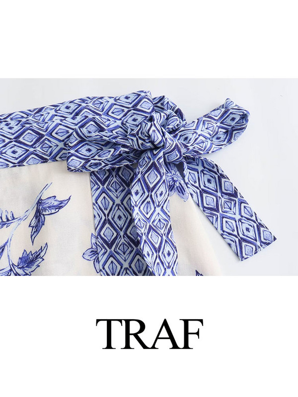 TRAF 2024 pentru femei, la noua moda, ocazional cu siret, cu fundita, decoratiune cu imprimeu albastru, mini fusta pentru femei, stil vintage de plaja, fuste subtiri cu talie inalta