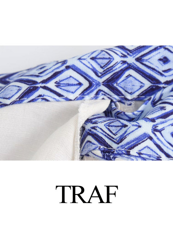 TRAF 2024 pentru femei, la noua moda, ocazional cu siret, cu fundita, decoratiune cu imprimeu albastru, mini fusta pentru femei, stil vintage de plaja, fuste subtiri cu talie inalta