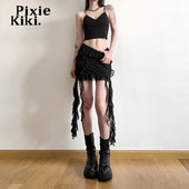 PixieKiki võrgust volangidega narmastega kõrge vöökohaga miniseelik Seksikas suveriided naiste 2024 moodne asümmeetrilised mustad seelikud P71-BI17
