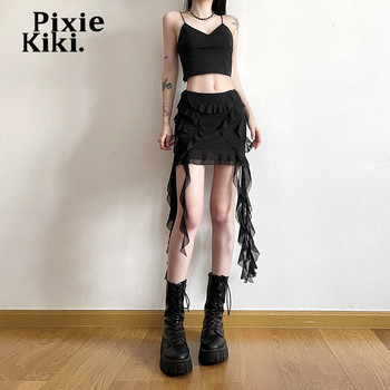 PixieKiki Мрежеста мини пола с ресни и висока талия Секси летни дрехи Дамски модни асиметрични черни поли 2024 P71-BI17